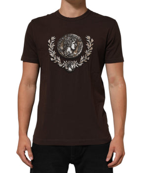 Dolce & Gabbana Brown Coin Laurel Print Men Crew Neck T-shirt