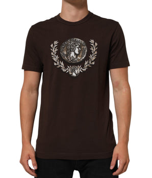 Dolce & Gabbana Brown Coin Laurel Print Men Crew Neck T-shirt