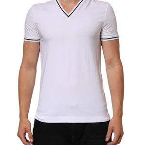 Dolce & Gabbana White Short Sleeves Deep V-Neck Men T-shirt