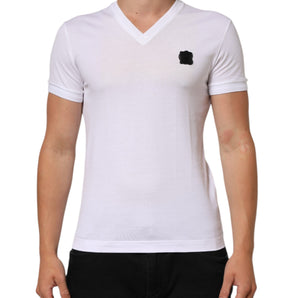 Dolce & Gabbana White Cotton Logo Patch V-neck Tee T-shirt