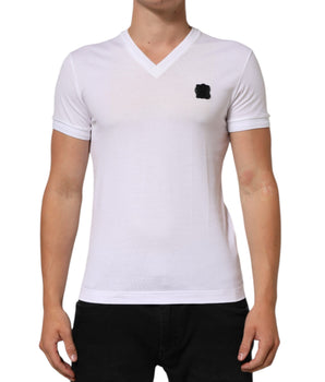 Dolce & Gabbana White Cotton Logo Patch V-neck Tee T-shirt