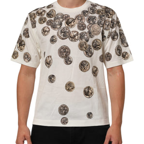 Dolce & Gabbana White Coin Print Cotton Crew Neck Men T-shirt