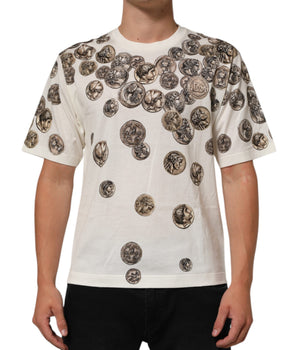 Dolce & Gabbana White Coin Print Cotton Crew Neck Men T-shirt