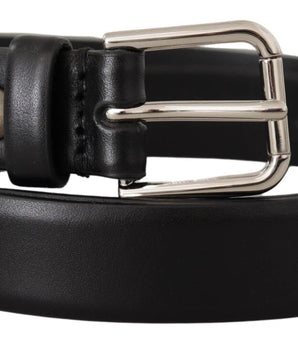 Dolce & Gabbana Black Calf Leather Silver Tone Logo Buckle Belt