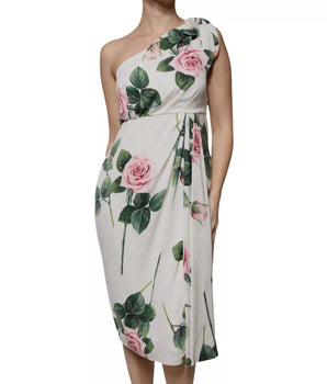 Dolce & Gabbana White Floral Silk One Shoulder Midi Dress