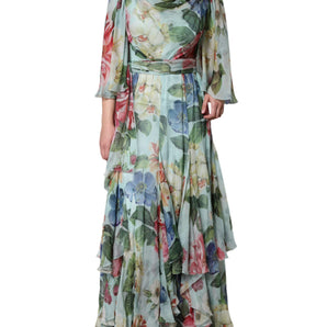 Dolce & Gabbana Blue Floral Print Tiered Long Maxi Dress