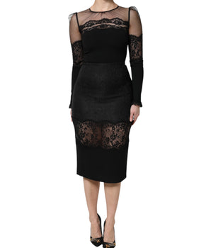 Dolce & Gabbana Black Lace Trim Nylon Tulle SheathMidi Dress