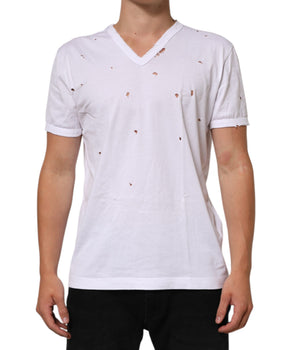 Dolce & Gabbana White Distressed Cotton V Neck Men T-shirt