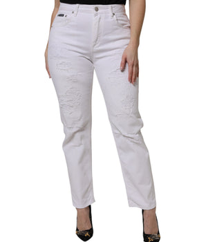 Dolce & Gabbana White Cotton Tattered BOYFRIEND Denim Jeans