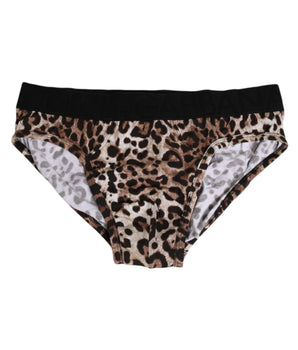 Dolce & Gabbana Brown Cotton Leopard Logo Midi Brief Underwear