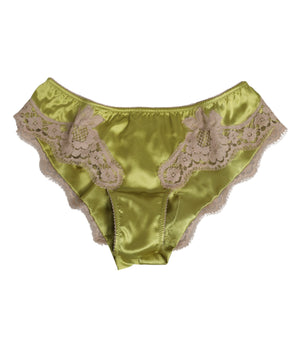 Dolce &amp; Gabbana Green Silk Satin Floral Lace Trim Panty Underwear