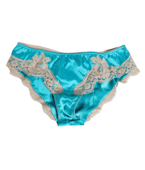 Dolce &amp; Gabbana Blue Silk Satin Floral Lace Trim New Slip Underwear