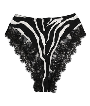 Dolce & Gabbana Black Silk Zebra Print Lace High Waist Underwear