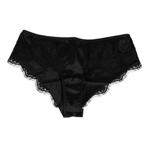 Dolce & Gabbana Black Silk Satin Floral Lace Panty Brief Underwear