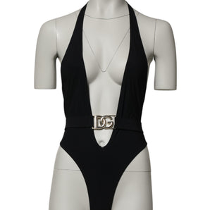 Dolce & Gabbana Black Nylon Deep V-Neck One Piece Swimwear