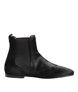 Dolce & Gabbana Black Leather Fur Men CHELSEA Boots Shoes