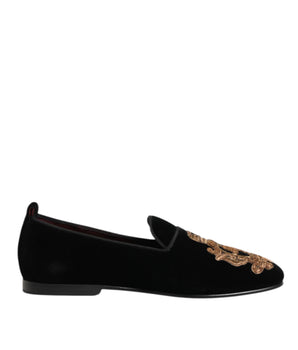 Dolce & Gabbana Black Velvet Gold Crown Mens Loafers Shoes