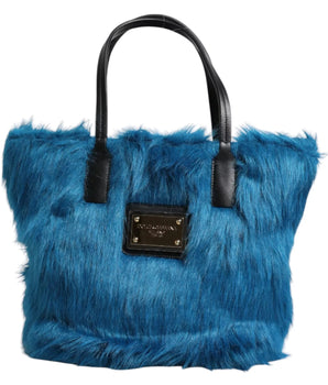 Dolce &amp; Gabbana Blue Fur Logo Plaque Double Handle Shoulder Bag