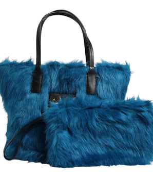 Dolce &amp; Gabbana Blue Fur Logo Plaque Double Handle Shoulder Bag