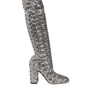 Dolce & Gabbana Silver Sequins Glitter High Heel Boot Shoes