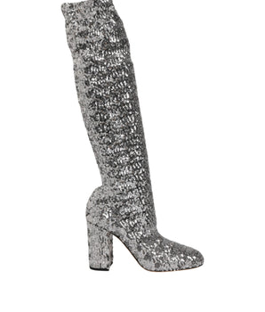 Dolce & Gabbana Silver Sequins Glitter High Heel Boot Shoes