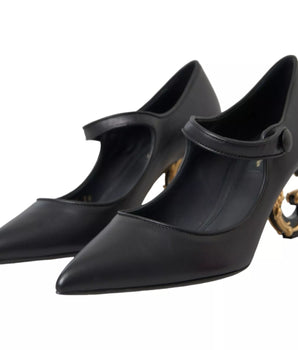 Dolce & Gabbana Black Leather Logo Heels Mary Janes Pumps Shoes