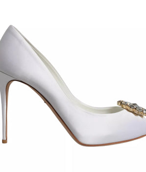 Dolce & Gabbana White Crystals Peep Toe Satin Pumps Shoes