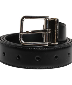 Dolce & Gabbana Black Calf Leather Silver Metal Buckle Belt