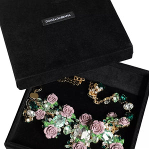 Dolce & Gabbana Gold Brass Link Chain Rose Petal Crystal Necklace