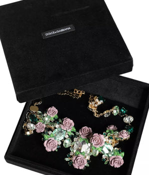 Dolce & Gabbana Gold Brass Link Chain Rose Petal Crystal Necklace
