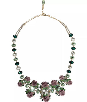 Dolce & Gabbana Gold Brass Link Chain Rose Petal Crystal Necklace