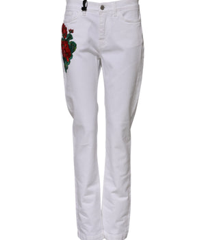 Dolce &amp; Gabbana White Floral Sequined Embroidery GIRLY Denim Jeans