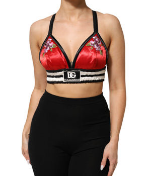 Dolce & Gabbana Red Satin Floral Embroidered Bralette Crop Top