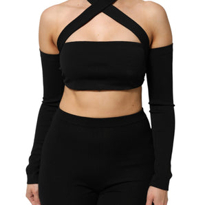 Dolce & Gabbana Black Viscose Halter Off Shoulder Cropped Top