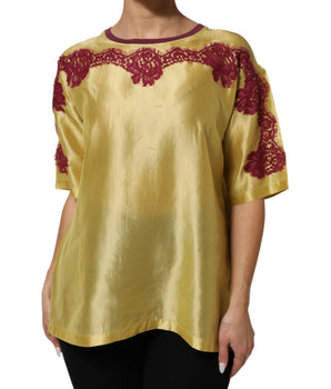 Dolce &amp; Gabbana Yellow Silk Satin Floral Lace Short Sleeves Top