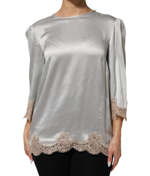 Dolce &amp; Gabbana Gray Silk Satin Floral Lace Long Sleeve Top