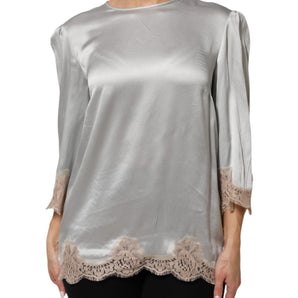 Dolce & Gabbana Gray Silk Satin Floral Lace Long Sleeve Top