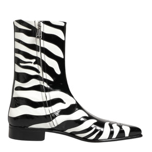 Dolce & Gabbana Black White Zebra Leather Mid Calf Boots Shoes