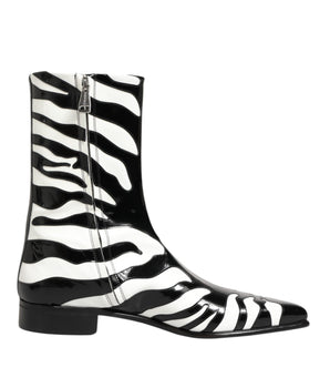 Dolce &amp; Gabbana Black White Zebra Leather Mid Calf Boots Shoes