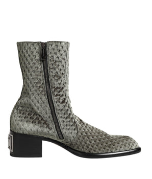 Dolce &amp; Gabbana Gray Cotton Velvet Mid Calf Short Boots Shoes