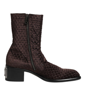 Dolce & Gabbana Brown Cotton Velvet Mid Calf Short Boots Shoes