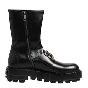 Dolce & Gabbana Black Logo Plaque Mid Calf Biker Boots Shoes