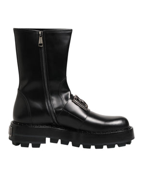 Dolce & Gabbana Black Logo Plaque Mid Calf Biker Boots Shoes