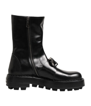 Dolce & Gabbana Black Logo Plaque Mid Calf Biker Boots Shoes