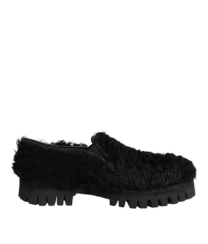 Dolce &amp; Gabbana Dress Black Fur Leather Slippers Men Shoes