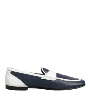 Dolce & Gabbana White Blue Leather Slip On Loafers Men Formal Shoes