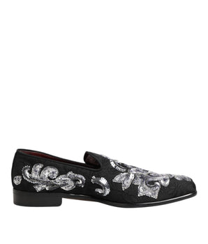 Dolce &amp; Gabbana Black Silver Sequined Loafers Men Dress Shoes