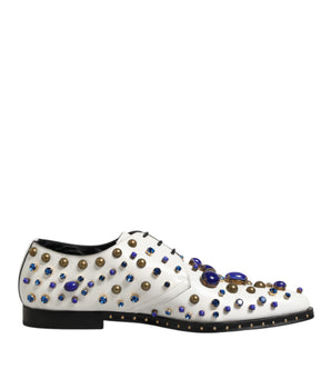 Dolce &amp; Gabbana White Leather Crystal Embellished Dress Shoes