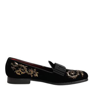 Dolce & Gabbana Black Velvet Embroidery Formal Loafers Shoes