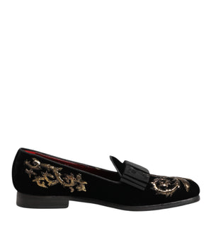 Dolce &amp; Gabbana Black Velvet Embroidered Formal Loafers Shoes